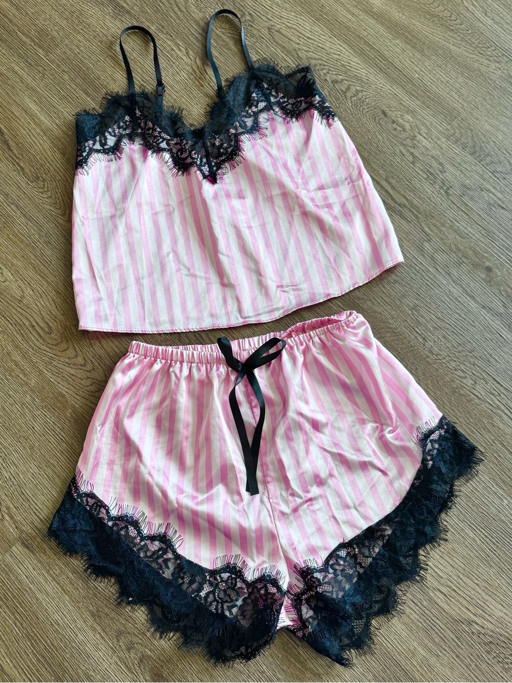 Pink Striped Satin Lace Cami Shorts Pajama Set Coquette Y2K S
